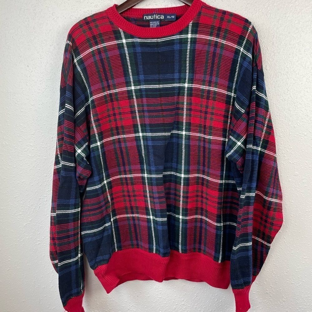 Nautica Plaid Crew Neck Sweater Size XL EUC